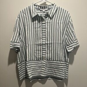 Jane + Delancey Women's Top Green And White Striped Button Up Size L NWT